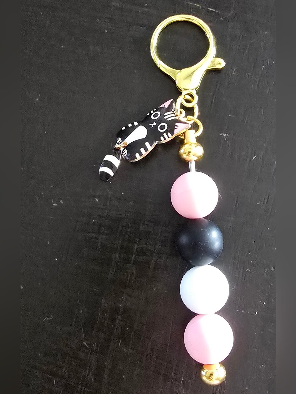 Cute Black Cat Beaded Keychain with Pink & White Beads